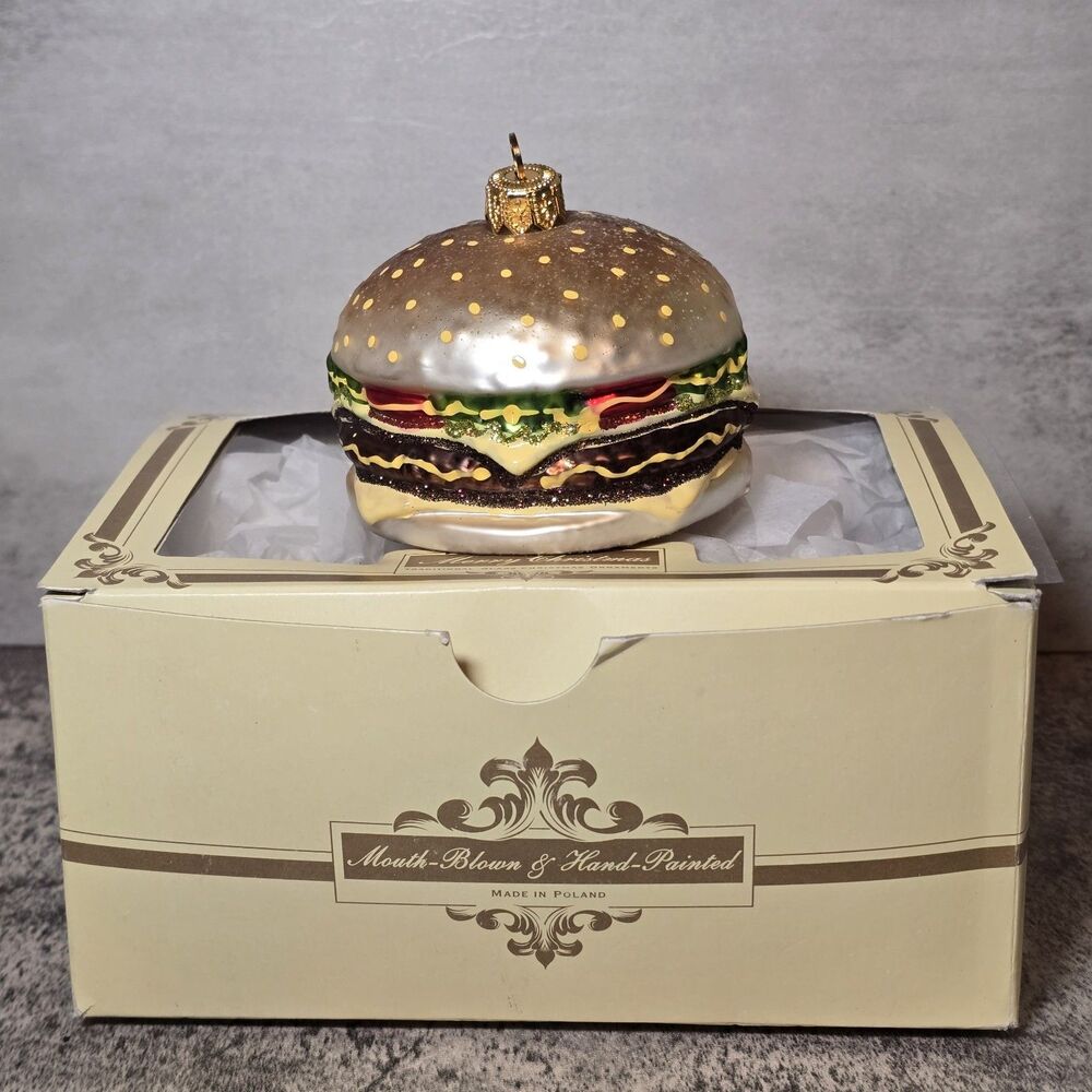 Polish Glass Christmas Ornament Cheeseburger 3" Mouth Blown Hand Painted Poland